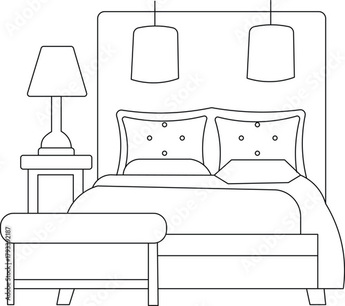 Minimalist outline line art of a bed with pillows