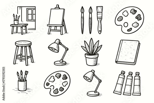 Atelier icon stool notebook palette icons color brushes potted home vector easel