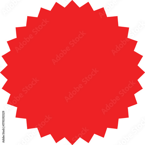 Red starburst shape with sharp points on white background Keywords: starburst, red, shape, blank
