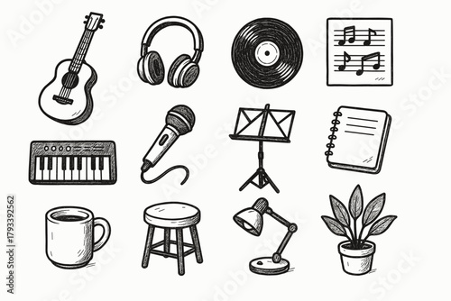 Icons stool sheet corner vector coffee microphone icon music plant lamp mug