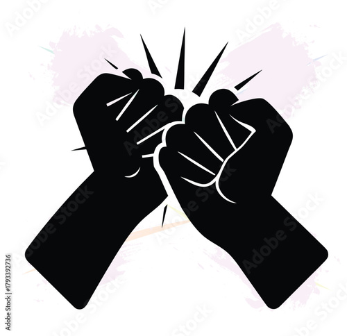 Bold gesture of two fists colliding with strong energy graphic on textured background