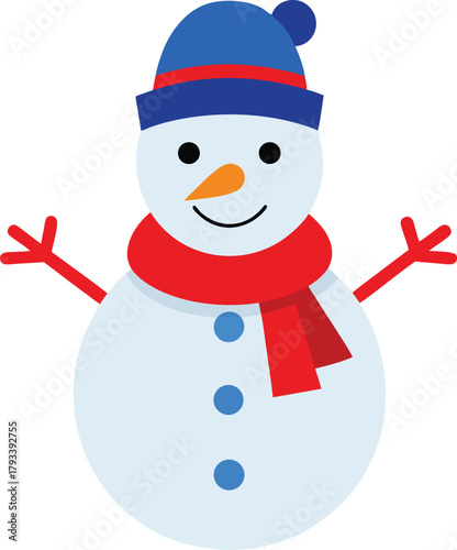 Snowman with red scarf and blue hat winter character