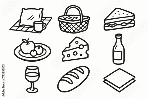 Wicker slice glass vector relaxing fruit set basket plate picnic sandwich icon