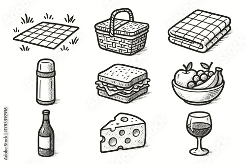Icon thermos wine grid vector blanket bottle meadow glass icons picnic cheese