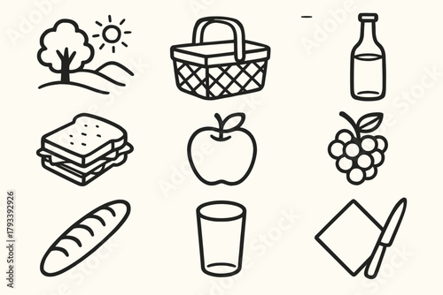 Grapes apple vector lunch items picnic sandwich icon icons knife bread set