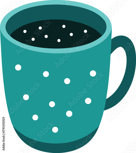 Teal mug with white polka dots filled with dark liquid