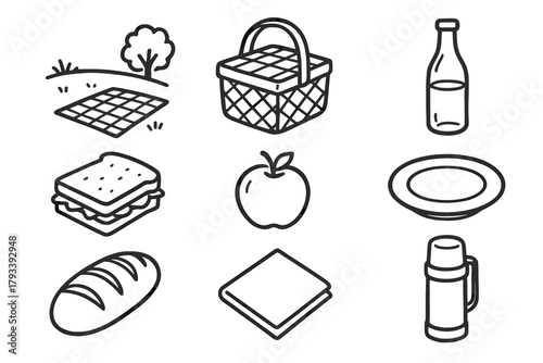 Set thermos peaceful vector loaf icon meal bottle basket sandwich picnic plate