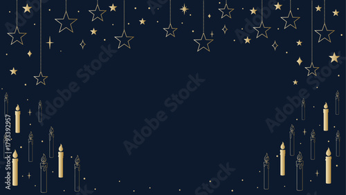 Elegant golden Christmas background with hanging stars and burning candles, festive New Year greeting card template with shimmering lights and copy space