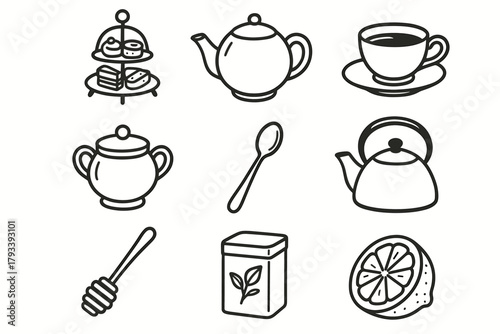 Vector dipper tea slice teacup icon kettle lemon honey setup collection tin