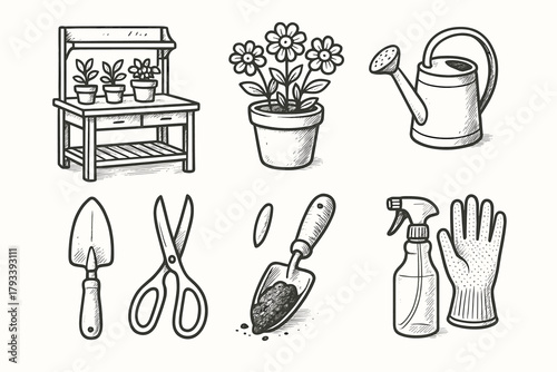 Potted hobby spade s icon gardener bottle scoop vector watering table soil