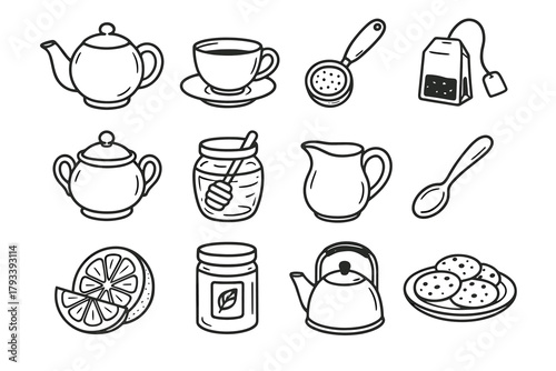 Jar kettle vector time slice icon teabag icons tea strainer teapot milk
