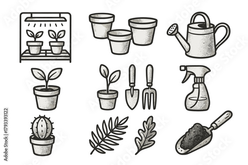 Tools fern hand vector icon space plant drawn bottle pots watering leaf