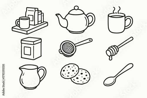 Cookies icon setup dipper tin strainer tea vector icons milk station teaspoon