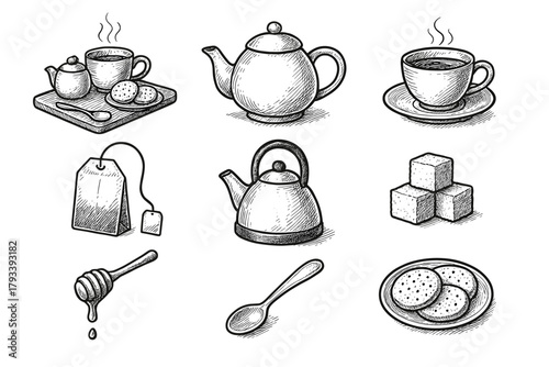 Spoon vector set cubes setup plate icon honey cup dipper tea