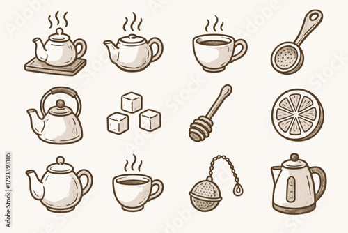Warm strainer kettle icons icon tea cubes ceramic vector sugar cup lemon