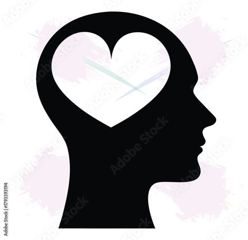 Conceptual illustration of love and emotions in mind with silhouette and heart shape