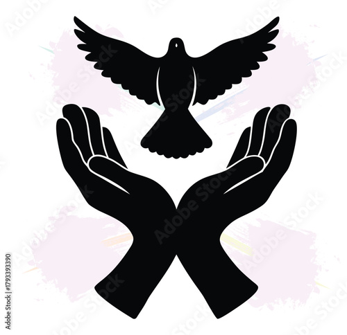 Dove flying above hands reaching for the sky representing peace and freedom ideal for hope concepts