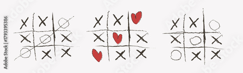 Hand-drawn Tic-Tac-Toe games with hearts and wins. Doodle.Collection of drawn grids with crosses and noughts. 