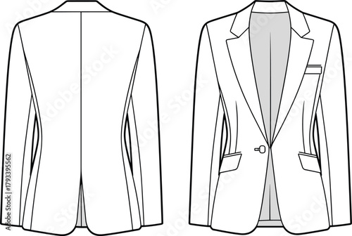 Technical fashion flat cad drawing of womens tailored blazer jacket front and back with notched lapel welt pocket flap pockets single button clean vector illustration