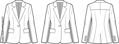 Technical fashion flat cad drawing of tailored womens blazer jacket front and back with yoke seam notched lapel flap pockets sleeve button detailed vector illustration