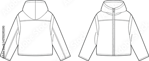 Technical fashion jacket front and back view, flat CAD drawing hoodie template, detailed garment sketch with zipper and seams, vector clothing design illustration