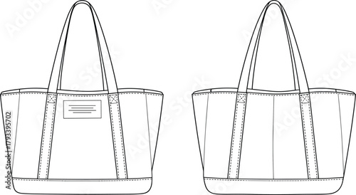 Tote bag front and back view clean sewing detail fashion accessory template mockup line art outline tech pack ready cad drawing flat vector illustration