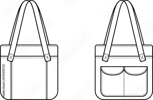 Tote bag rear and front view clean sewing construction with dual exterior pockets fashion accessory mockup apparel design tech pack