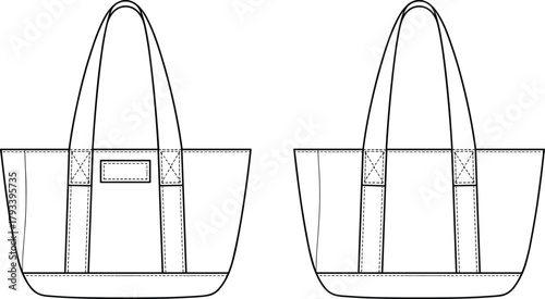 Tote bag front back view template womens handbag shopper canvas style sewing detail fashion accessory minimal outline mockup cad drawing flat vector illustration