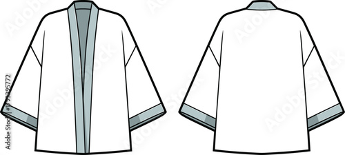 Traditional kimono cardigan fashion flat sketch, front and back view, wide sleeve outerwear, contrast trim panel, technical apparel CAD drawing template for sewing production