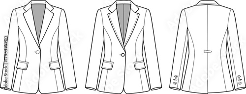 Technical fashion cad drawing of womens tailored blazer jacket front and back with notched lapel flap pockets single button sleeve buttons clean vector illustration