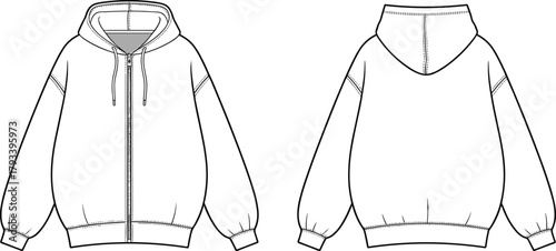 Photos Technical fashion CAD flat vector sketch of unisex zip up hoodie with drawstring