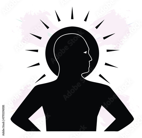 Enlightenment concept with a silhouette of a person with radiating light background artistic design
