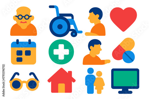 Elderly Care Icons. Flat vector icons of Aging Societies: Elderly Person, Walking Stick, Wheelchair, Heart Icon, Calendar, Medical
