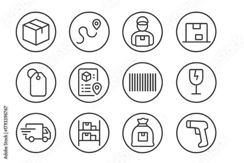 Product Delivery Icons. Line style round icons of product delivery: shipping box, delivery route, courier icon, doorstep package;