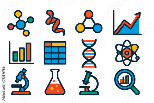 Molecular Data Icons. Flat vector icons of Molecular Data Visualization: Protein Model, Ribbon Structure, 3D Molecule, Graph,
