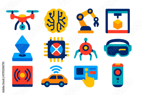 Emerging Tech Icons. Flat vector icons of emerging technologies: drone, AI brain, robotic arm, 3D printer, hologram, quantum chip,