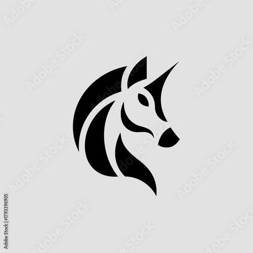 Fantasy horse logo, black unicorn head in a modern fluid design. Minimalist mythical creature symbol for elegance and motion.