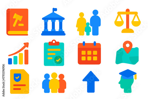 Population Policies Icons. Flat vector icons of Population Policies: Law Book, Government Building, Family Icon, Scale, Chart,