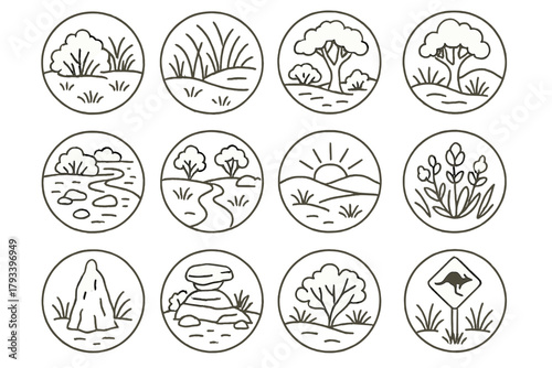 Australian Habitat Icons. Line style round icons of Australian habitat: bushland, dry grass, red soil, gum tree; creek bed,