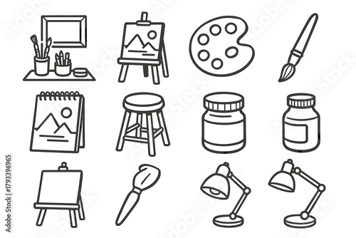 Corner jar lamp vector stool pad palette easel icon paint room icons