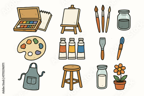 Art vector brushes tubes room palette icon jar flower creative apron paint