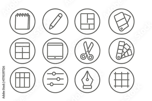 Creative Tools Icons. Line style round icons of creative tools: sketchpad, stylus, mood board, swatches; wireframe, digital tablet