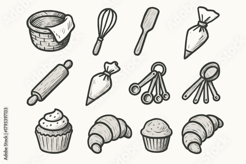 Set rolling cupcake bag icon tools spoon spatula vector bakery pastry measuring
