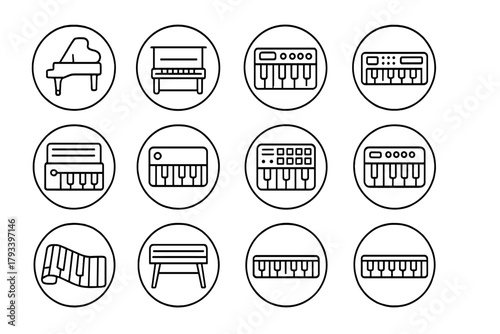 Keyboard Icons Collection. Line style round icons of keyboard types: grand piano, upright piano, synth keyboard, digital piano;