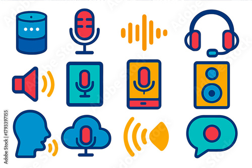 Voice Interface Icons. Flat vector icons of Voice Interfaces: Smart Speaker, Microphone, Waveform, Headset, Sound Icon, Tablet,