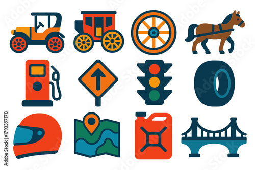 Transport History Icons. Flat vector icons of road transport history: vintage car, stagecoach, wagon wheel, horse carriage, gas