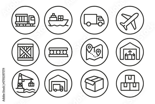 Industrial Transport Icons. Line style round icons of industrial transport: freight train, cargo ship, delivery truck, airplane;