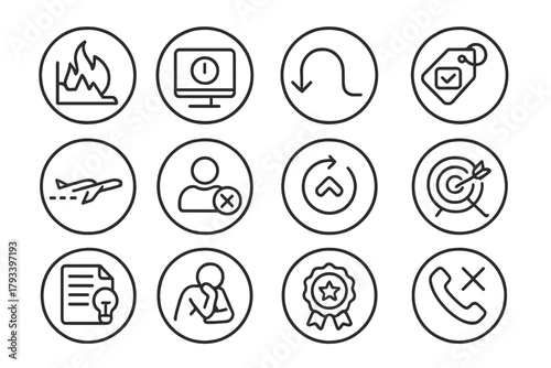 Startup Journey Icons. Line style round icons of startup failure and resilience: burn chart, shutdown icon, bounce back arrow,