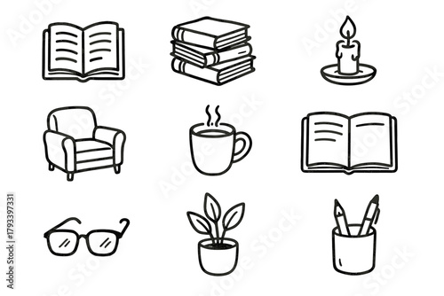 Icons plant mood books reading candle icon quiet stand cozy open vector