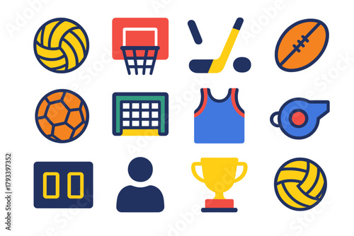 Team Sports Icons. Flat vector icons of team sports: volleyball, basketball hoop, hockey stick, rugby ball, handball, goal net,
